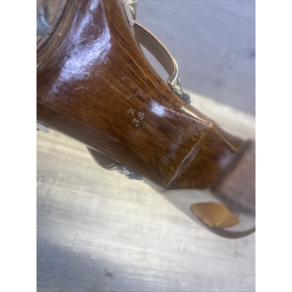 ITALIAN Shoemakers 7.5 Carved Out Wooden Heels Gold Bronze - Picture 12 of 14